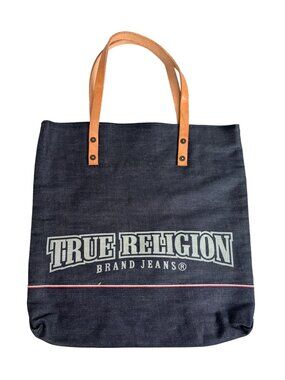 True Religion Denim Lined Tote Bag Leather Straps Red Interior Y2K Retro Travel